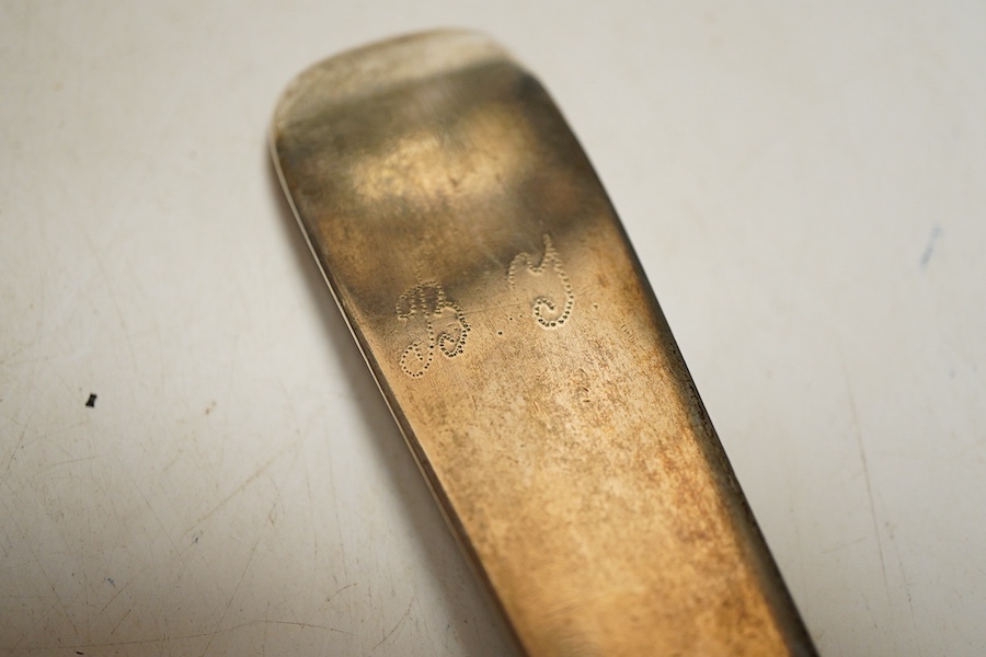 A late 19th century Russian .84 silver fiddle pattern soup ladles, Vilnius, assay master Aleksandr Krollau 1896, cyrillic makers, mark, pricked engraved initials, length 32cm., weight approx. 7.68ozt